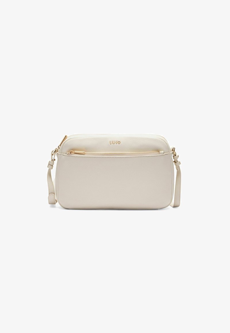 Borsa a tracolla in pelle beige con una superficie liscia, hardware dorato e una tasca con zip sul fronte. Caratterizzata da una tracolla regolabile.
