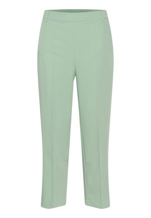 Helle grüne, taillierte Hose aus glattem Material mit einem elastischen Bund, geraden Beinen und ohne sichtbare Beschläge oder Muster.