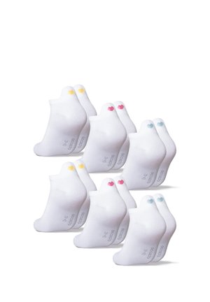 Sets of white ankle socks with small colored heart logos in yellow, pink, and blue on the back near the cuff.