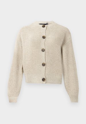 Beige knitted cardigan with long sleeves and five large brown buttons down the front, featuring a ribbed collar and cuffs.