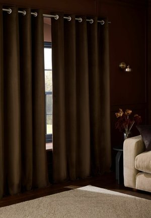 Spesse tende marrone scuro parzialmente aperte che rivelano una finestra, divano beige con cuscino scuro, piccolo tavolino con fiori essiccati e lampada da parete.