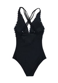 Czarny jednoczęściowy strój kąpielowy z krzyżującymi się ramiączkami, elegancki design i w kratkę wykończenie wzdłuż krawędzi, wykonany z gładkiego materiału kąpielowego.