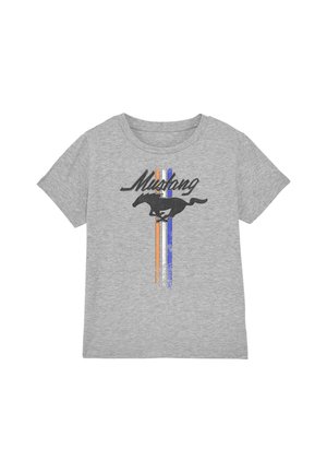 Gray short-sleeve t-shirt with a black Mustang horse logo and orange, white, and blue vertical stripes on the chest.