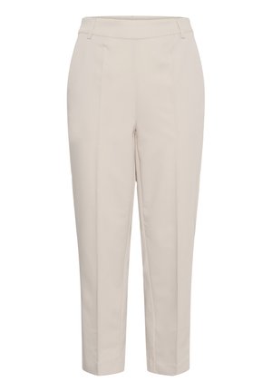Pantalon beige ajusté longueur cheville avec plis devant, jambes droites et taille élastiquée.