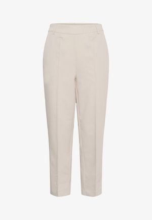 Pantalon beige ajusté longueur cheville avec plis devant, jambes droites et taille élastiquée.
