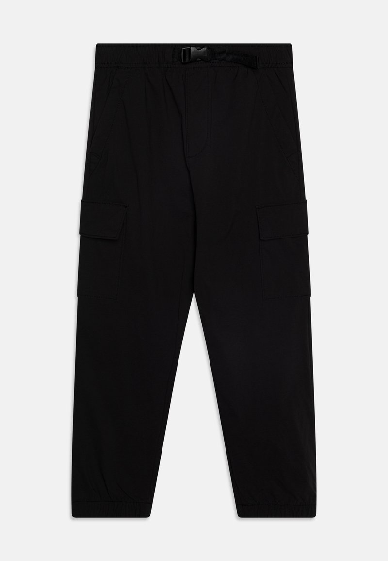 Pantalon cargo noir avec taille élastique, ceinture ajustable, deux poches latérales et deux poches de style cargo, en tissu léger.