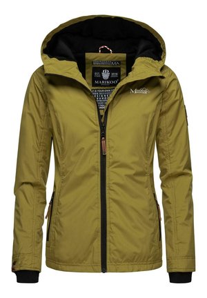 Olive green outdoor jacket with a black inner lining, front zip, side pockets, and adjustable hood. Features a logo on the chest.