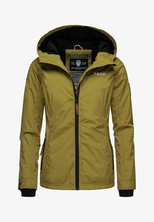 Oliwkowa kurtka na zewnątrz z czarną podszewką, z przednim zamkiem, bocznymi kieszeniami i regulowanym kapturem. Posiada logo na klatce piersiowej.