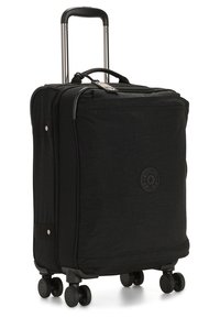 Black soft-sided suitcase with four wheels, retractable handle, and textured fabric. Features a round logo detail and side pocket.