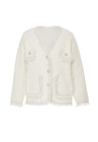 Cardigan bianco con una trama pelosa, caratterizzato da un motivo a zigzag, due tasche sul petto e quattro bottoni decorativi rotondi.