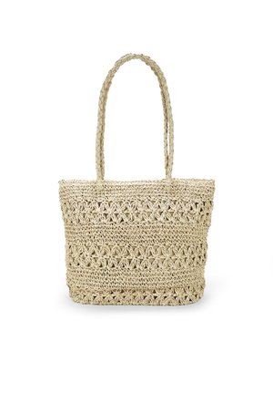 Beige hæklet mulepose med blomsterprint og to flettede skulderstropper på hvid baggrund.