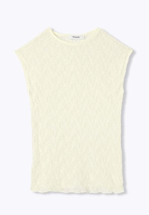 Haut sans manches pour femme de couleur crème avec encolure ronde et motif texturé subtil, étiquette "Promod" au niveau du col.