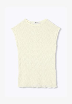 Haut sans manches pour femme de couleur crème avec encolure ronde et motif texturé subtil, étiquette "Promod" au niveau du col.