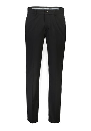Zwarte broek van geweven stof, met een recht model, een enkele knoopsluiting en riemlussen. Geweven oppervlak.