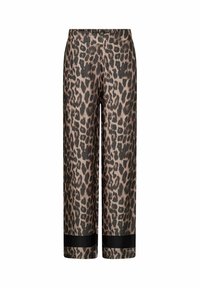 Luipaardprint wijde broek met een elastische tailleband, voorzien van een zwarte accentband aan de zoom. Gemaakt van een lichtgewicht, gestructureerd materiaal.