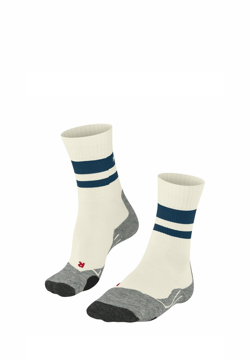 Skarpetki do kolan w kolorze kremowym w granatowe paski, z szarym noskiem i piętą. Materiał wydaje się miękki, a górna część ma teksturę prążkowaną.