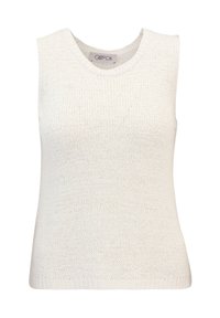 Top a maniche scoperte di colore bianco in maglia, con scollatura rotonda, caratterizzato da un motivo testurizzato e orlo grezzo. L'etichetta riporta "Cartoon."