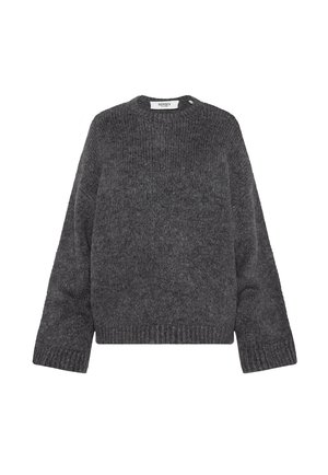 Grober grauer Pullover aus strukturiertem Strickstoff mit rundem Halsausschnitt, Raglanärmeln und gerippten Bündchen sowie Saum.