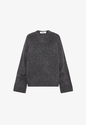 Grober grauer Pullover aus strukturiertem Strickstoff mit rundem Halsausschnitt, Raglanärmeln und gerippten Bündchen sowie Saum.