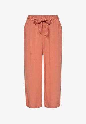 Pantaloni a gamba larga color pesco realizzati in tessuto morbido. Presentano una vita elasticizzata con una cintura annodata. Design semplice e rilassato.