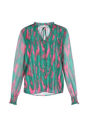 Priehľadná blúzka s dlhým rukávom, ktorá má zeleno-ružový abstraktný vzor, predné zapínanie na gombíky a detail viazania na výstrihu. Nariasené манžety.