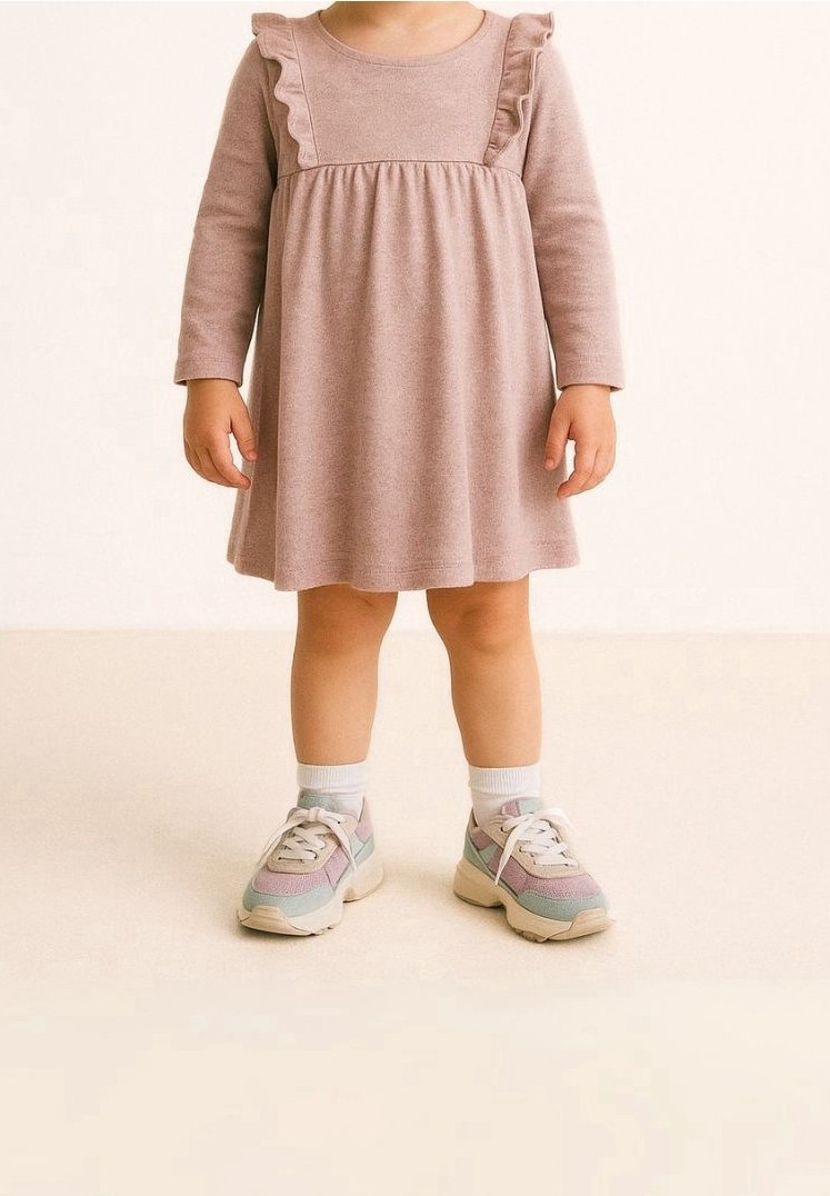 Robe rose à manches longues avec des accents de volants et une jupe évasée. Portée avec des baskets pastel et des chaussettes blanches mi-mollet, debout sur un sol neutre.