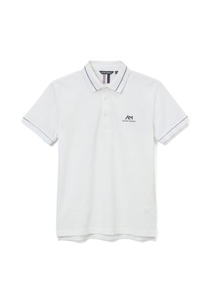 Polo blanc à manches courtes avec bordure noire sur le col et les manches, trois boutons, et petit logo noir Antony Morato sur la poitrine gauche.