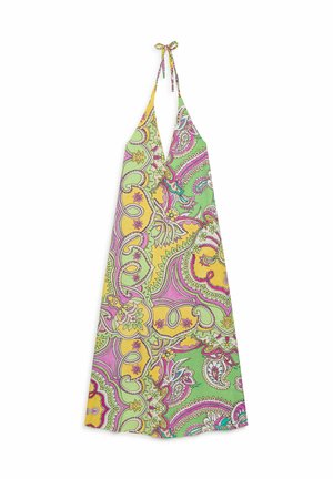 Abito lungo senza maniche con collo halter e chiusura con laccio, caratterizzato da un motivo paisley colorato in tonalità gialle, rosa, verdi e viola.