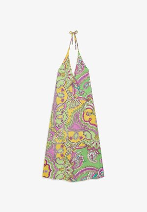 Robe longue sans manches à col licou avec fermeture par lien, présentant un motif cachemire coloré en tons jaunes, roses, verts et violets.