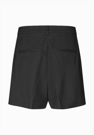 Schwarze Shorts mit geradem Schnitt, flachem Bund, zwei Gesäßtaschen und einer glatten Textur, entworfen mit einer klaren und einfachen Silhouette.