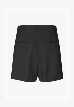 Juodi šortai su tiesia iškirpte, plokščiu priekiu ir dviem užpakalinėmis kišenėmis, pagaminti iš lygaus audinio, sukurti švariai ir paprastai siluetai.