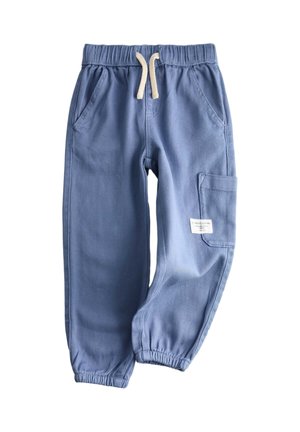 Hellblaue Kinder-Jogginghose mit elastischem Bund, Fronttaschen, seitlicher Cargotasche und elastischen Bündchen.