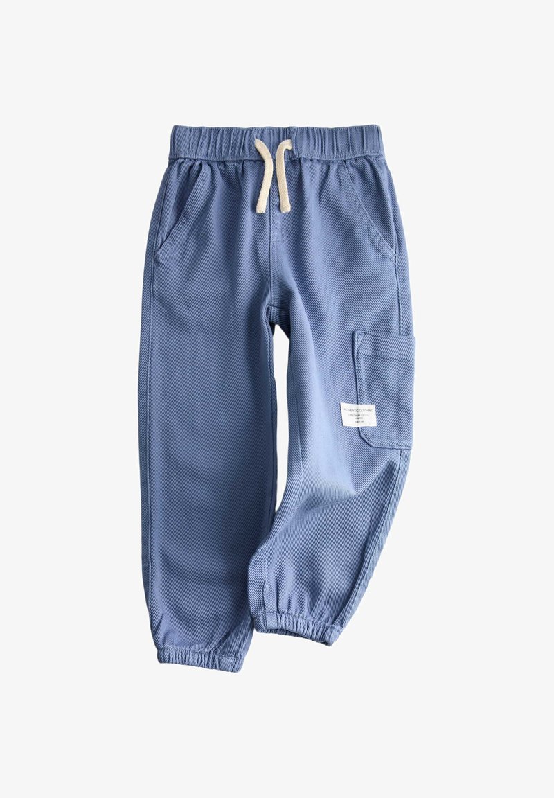Pantalones jogger infantiles azul claro con cintura elástica, bolsillos delanteros, bolsillo lateral tipo cargo y puños elásticos.