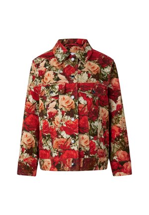 Florale Jeansjacke mit Rot-, Pink- und Grüntönen in Rosenmuster, klassischem Kragen, Knöpfen, zwei Brusttaschen und kontrastierenden Nähten.