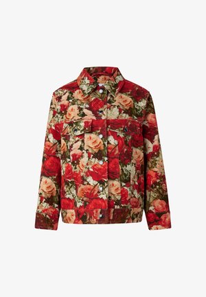 Florale Jeansjacke mit Rot-, Pink- und Grüntönen in Rosenmuster, klassischem Kragen, Knöpfen, zwei Brusttaschen und kontrastierenden Nähten.