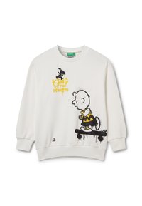 Felpa bianca con stampa in stile graffiti di Charlie Brown che fa skateboard, con testo "King of the Streets" in giallo e nero.