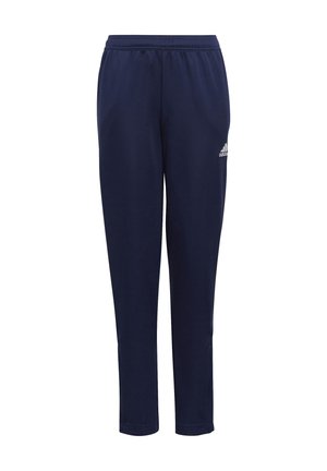 Pantalons de sport bleu marine avec une taille élastique et des jambes fuselées. Présente un petit logo Adidas blanc sur la jambe gauche. Fabriqué dans un tissu lisse.