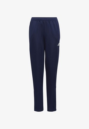 Pantaloni sportivi blu navy con vita elasticizzata e gambe affusolate. Presentano un piccolo logo Adidas bianco sulla gamba sinistra. Realizzati in un tessuto liscio.