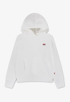 Sweat à capuche blanc avec manches longues, poches frontales, poignets et ourlet côtelés, et petit logo rouge Levi's sur la poitrine.