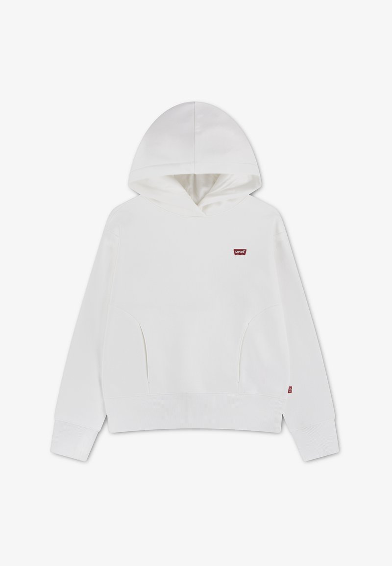 Sweat à capuche blanc avec manches longues, poches frontales, poignets et ourlet côtelés, et petit logo rouge Levi's sur la poitrine.