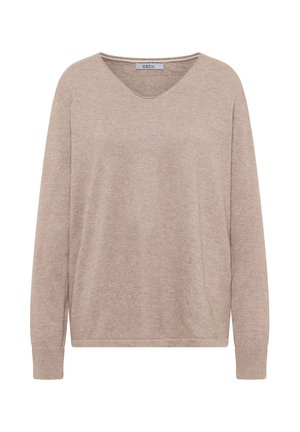 Pull beige à manches longues avec un décolleté en V, en matériau tricoté doux, avec des poignets côtelés et une coupe décontractée.
