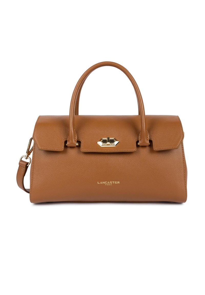 Borsa a mano in pelle marrone con forma strutturata, due manici superiori, tracolla rimovibile e dettaglio della chiusura in oro. Presenta un logo impresso.