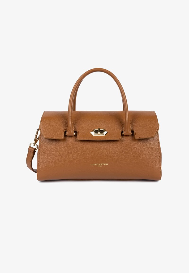 Borsa a mano in pelle marrone con forma strutturata, due manici superiori, tracolla rimovibile e dettaglio della chiusura in oro. Presenta un logo impresso.