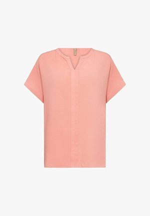 Vaaleanpunainen lyhythihainen paita, jossa on V-mallinen kaula-aukko, rento istuvuus ja keskeinen sauma yksityiskohtana. Valmistettu pehmeästä, sileästä kankaasta. Yksinkertainen, minimalistinen muotoilu.