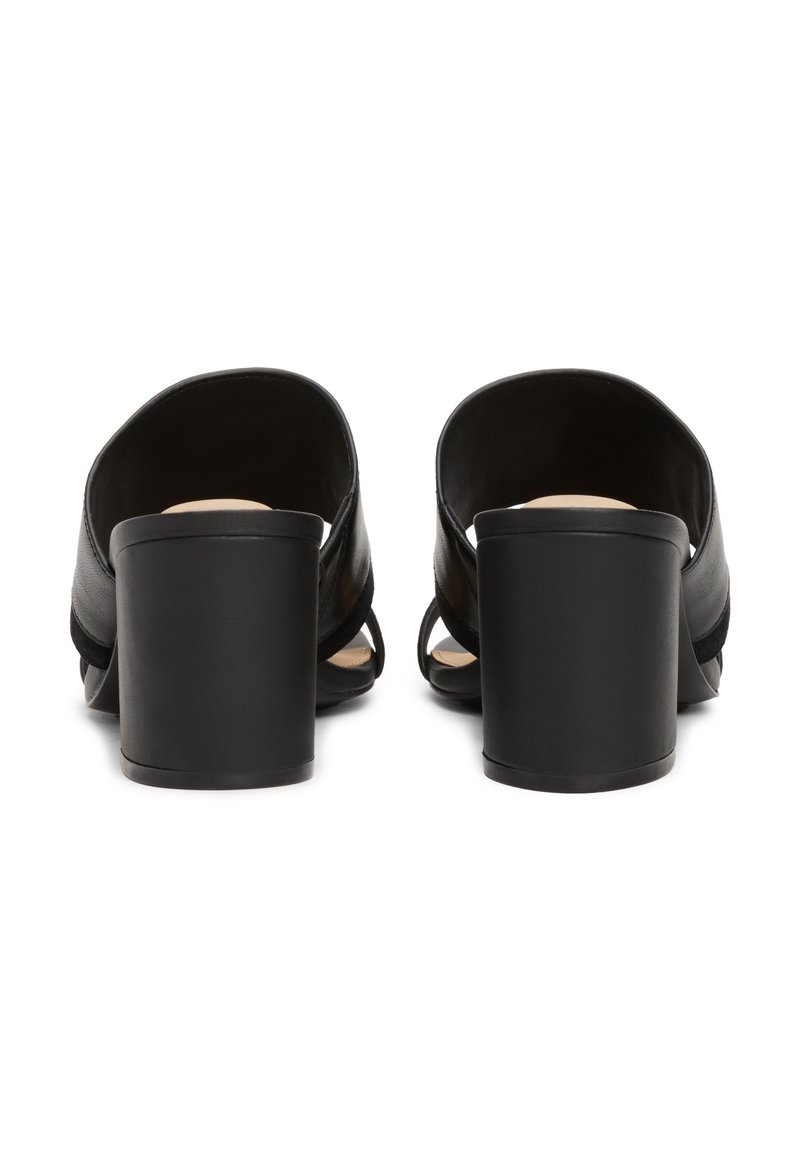 Schwarze High-Heel-Mules aus glattem Leder, mit offenem Rücken und dicker Blockabsatz. Sie verfügen über ein einfaches Riemendesign und keine Verzierungen.
