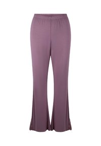 Pantalons de lounge violet clair avec une taille élastique, des jambes évasées et des accents en dentelle au niveau de l'ourlet. Tissu doux avec une texture lisse.