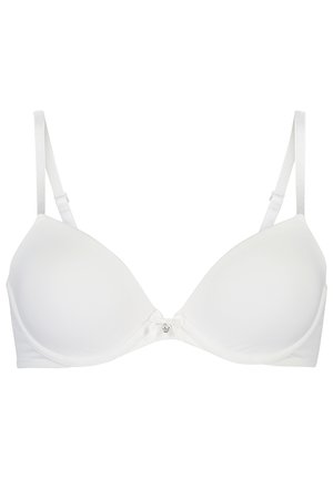Witte gewatteerde bh met verstelbare bandjes, gladde textuur en een decoratieve middenversiering. Heeft een driehoekige cupvorm.