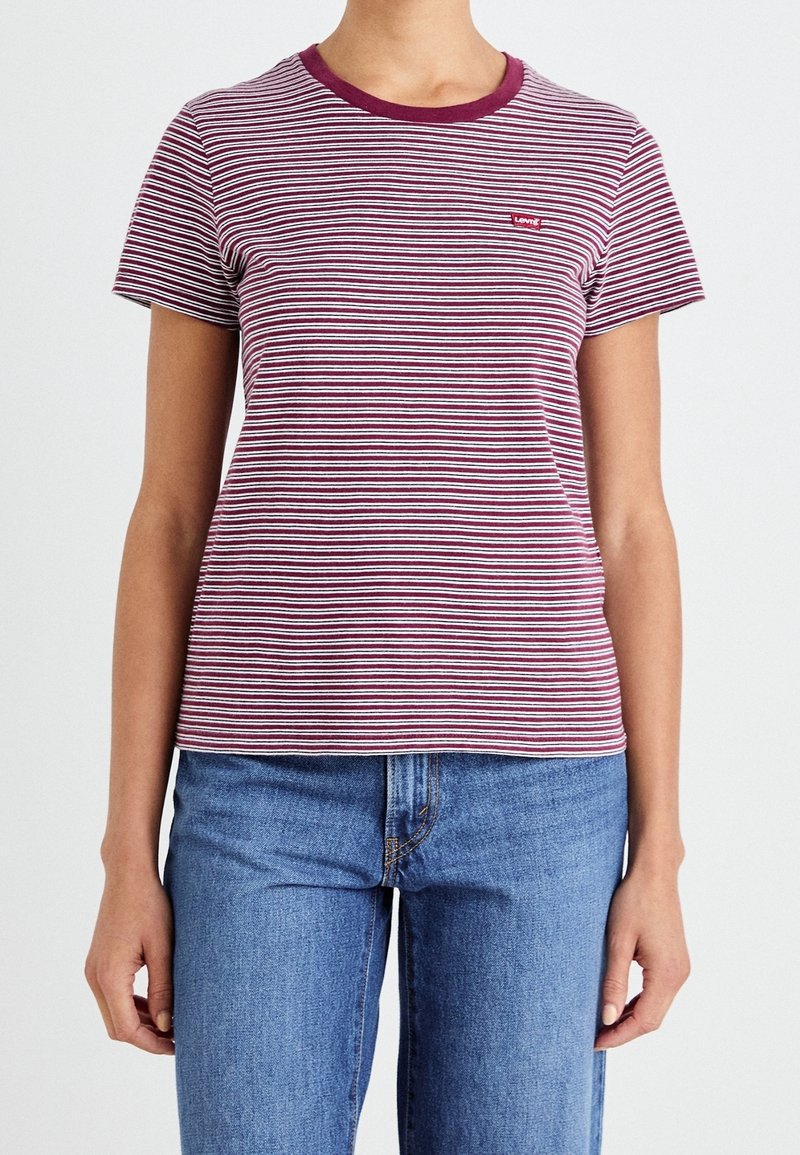 Personne portant un t-shirt manches courtes rayé bordeaux et blanc avec un petit logo Levi's, associé à un jean bleu sur un fond uni.