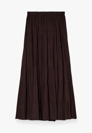 Jupe longue noire à volants avec taille élastique et parties de tissu froncées, présentée à plat sur fond blanc.