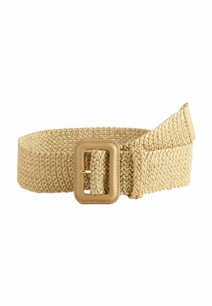 Ceinture tressée beige avec boucle rectangulaire et bords garnis de cuir, posée à plat sur un fond blanc.